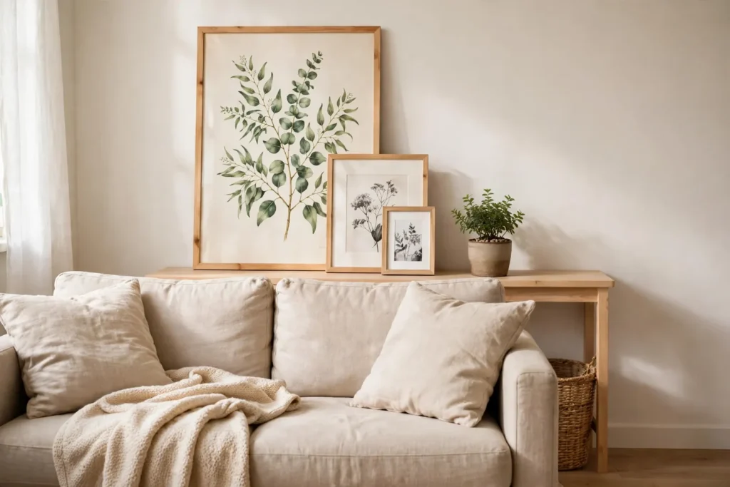 A large framed print leaning on a narrow console behind a sofa, layered with a smaller frame and a small plant in front.