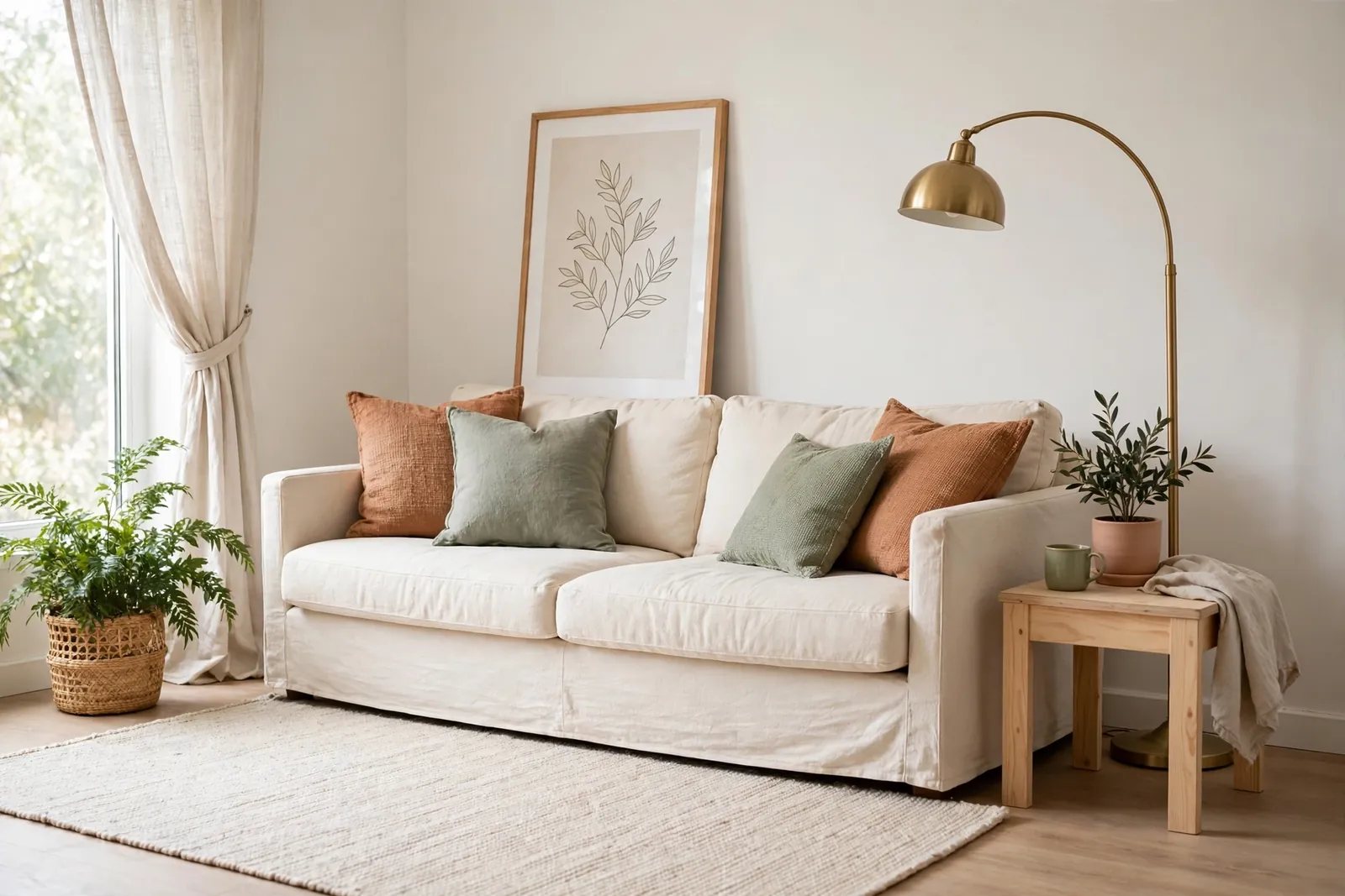 Small Living Room Decor on a Budget: 9 Ideas That Look Expensive 2 A small, bright living room styled on a budget: light rug, sofa with layered pillows, one floor lamp, art leaning above the couch.