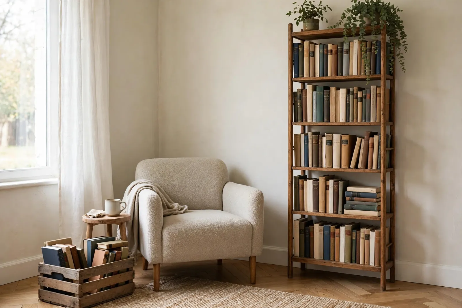 Cozy Reading Nook Ideas for Small Spaces: 8 Corners That Fit Anywhere 4 Cozy reading nook in a small space with a tall bookshelf beside a comfortable chair