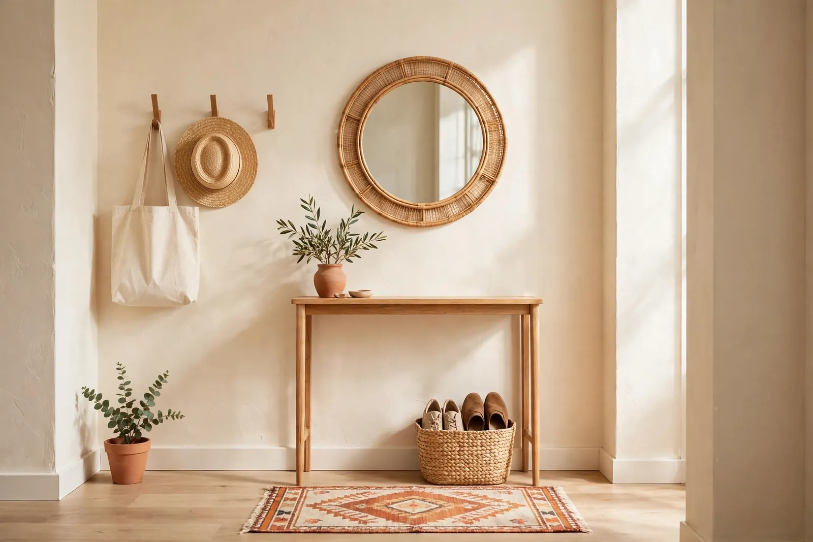 Entryway Decor Ideas for Small Spaces: 8 Setups From $40 2 A small entryway with a slim console table, a peg rail with coats and bags, a round mirror and a striped runner.