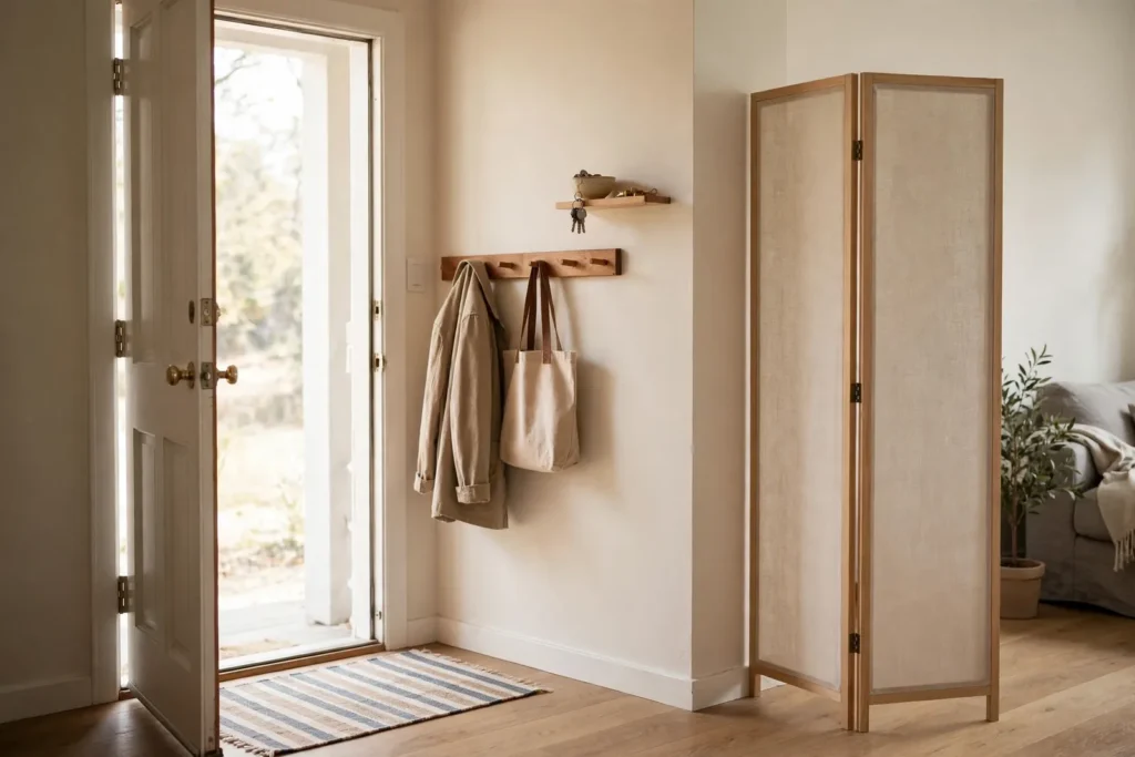 Entryway Decor Ideas for Small Spaces: 8 Setups From $40 3 A living room corner behind an opening door converted into a mini entryway — small rug marking the zone, peg rail and shelf on the wall, screen giving it an edge.