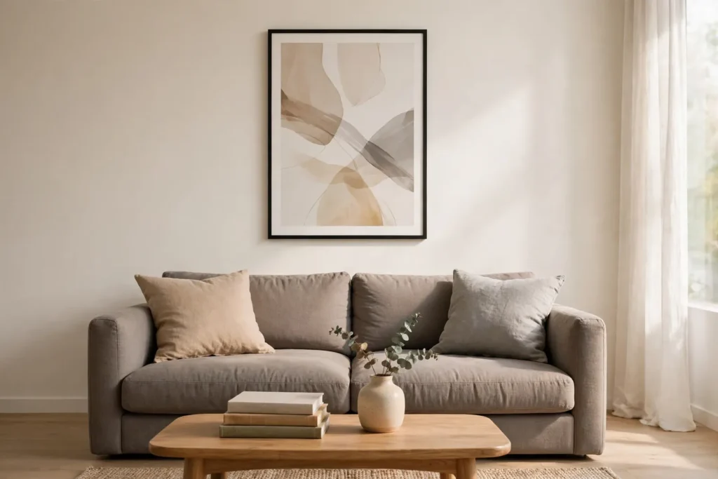 Above Couch Wall Decor Ideas: The Sizing Formula That Always Works 2 Sofa wall with one large framed print centred at two-thirds of the sofa width, bottom edge just above the sofa back.