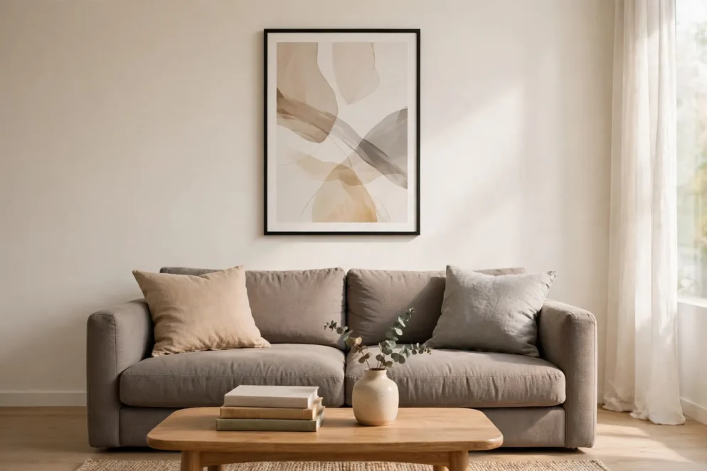 Sofa wall with one large framed print centred at two-thirds of the sofa width, bottom edge just above the sofa back.
