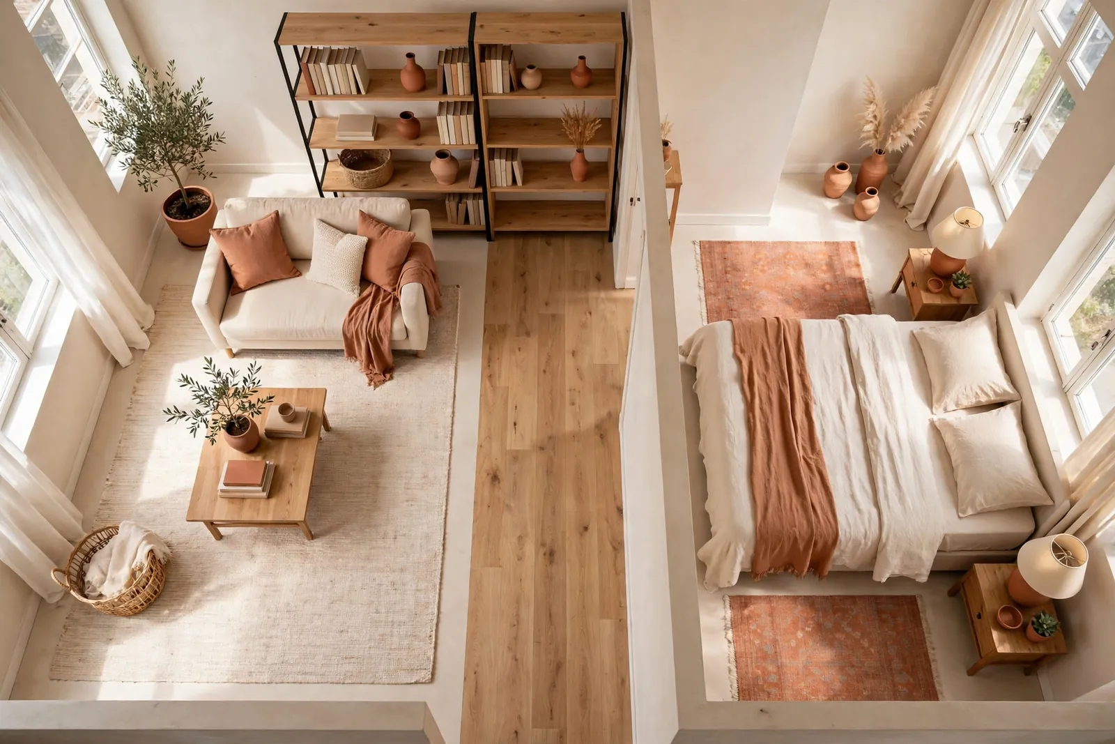 Studio apartment from a high angle — large rug defining the sofa zone, small rug beside the bed, clear floor path between them.