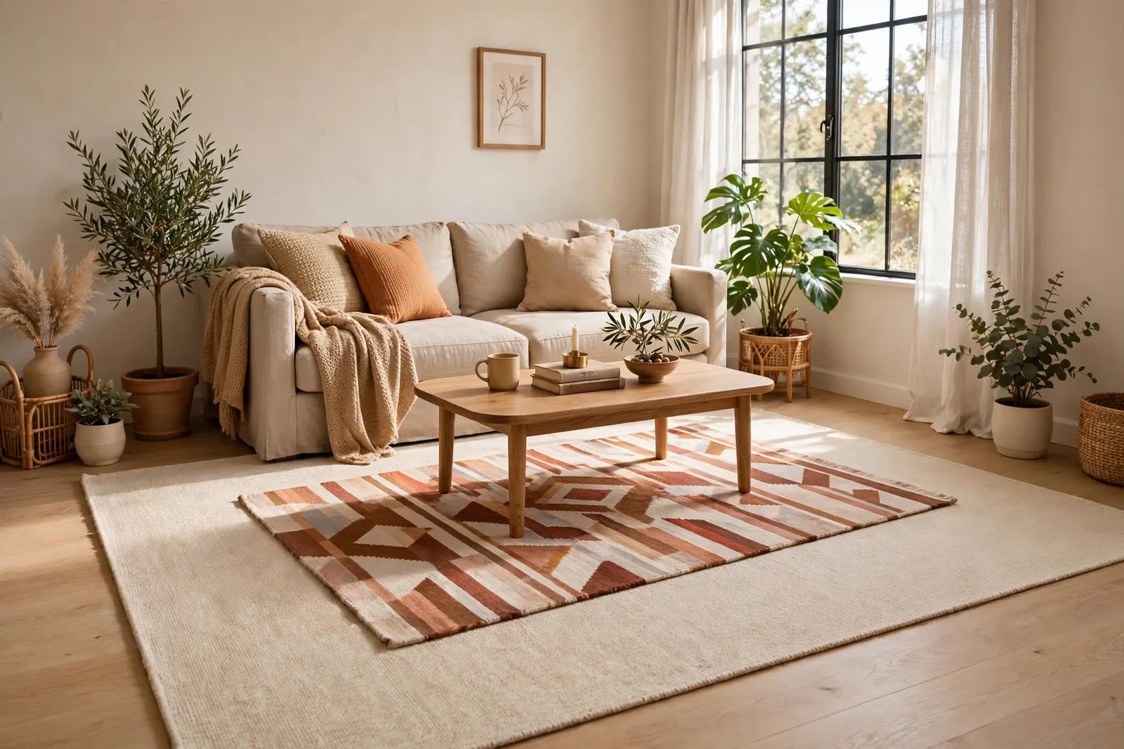 Layered rugs in a living room with the top rug angled under a coffee table to break up a boxy room