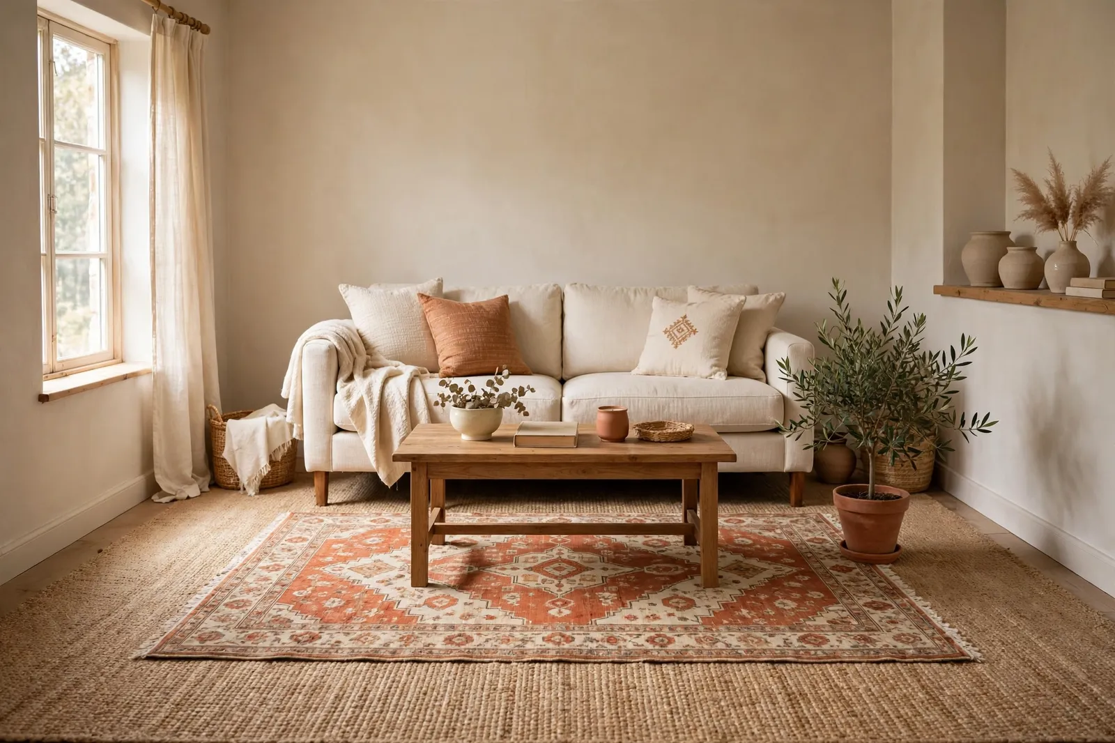 Layered rugs in a living room: a patterned rug layered over a large flat base rug under a sofa and coffee table
