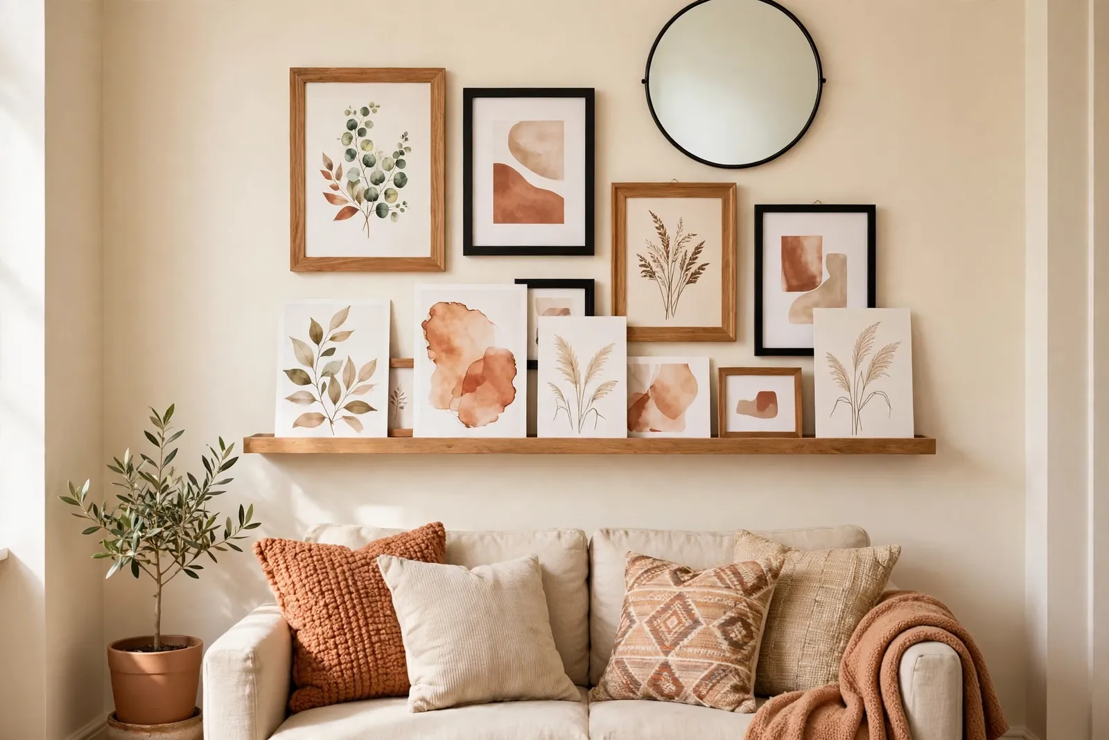 Small Living Room Decor on a Budget: 9 Ideas That Look Expensive 3 Sofa wall with one large framed print centred at two-thirds of the sofa width, bottom edge just above the sofa back.
