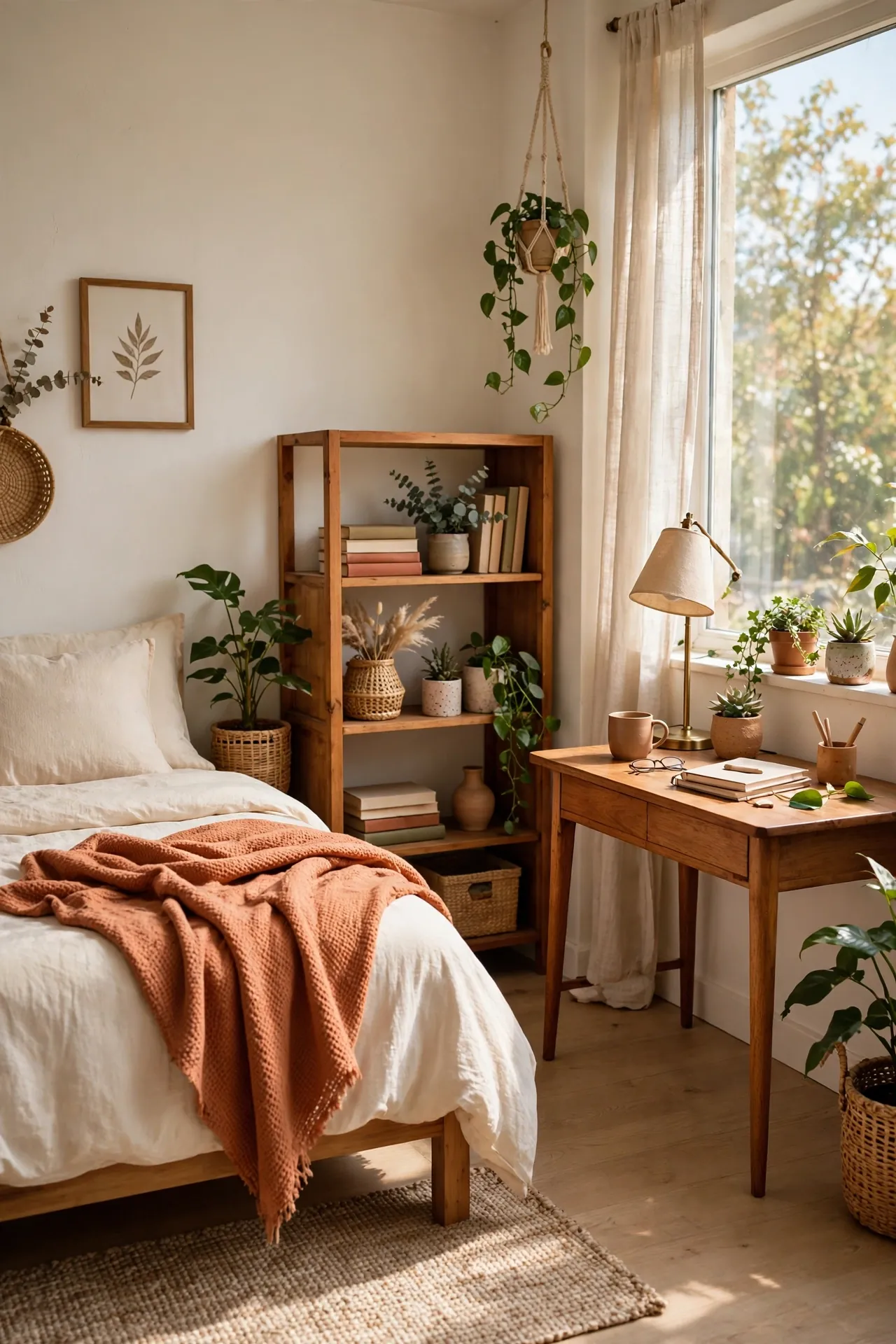 Studio apartment zoned into sleep, living and work areas with rugs, an open shelf and a curtain.